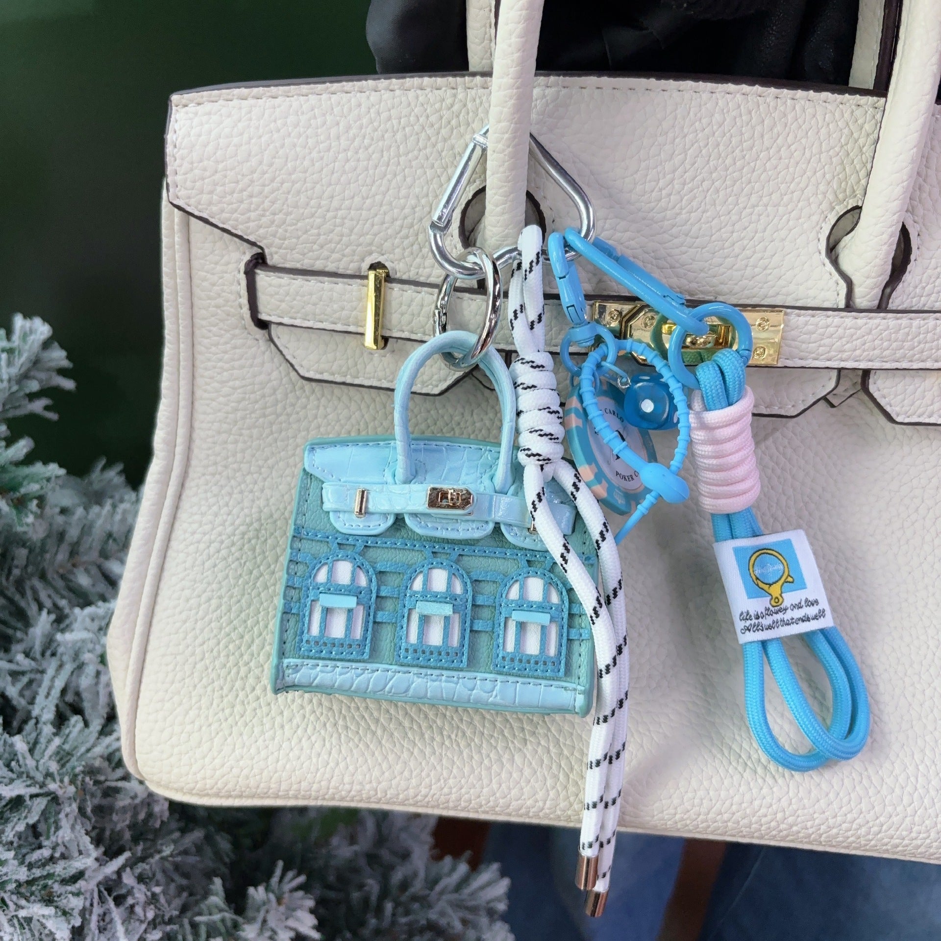 House-Shaped Mini Top Handle Bag Charm Keychain with Earphone Storage detail image 6