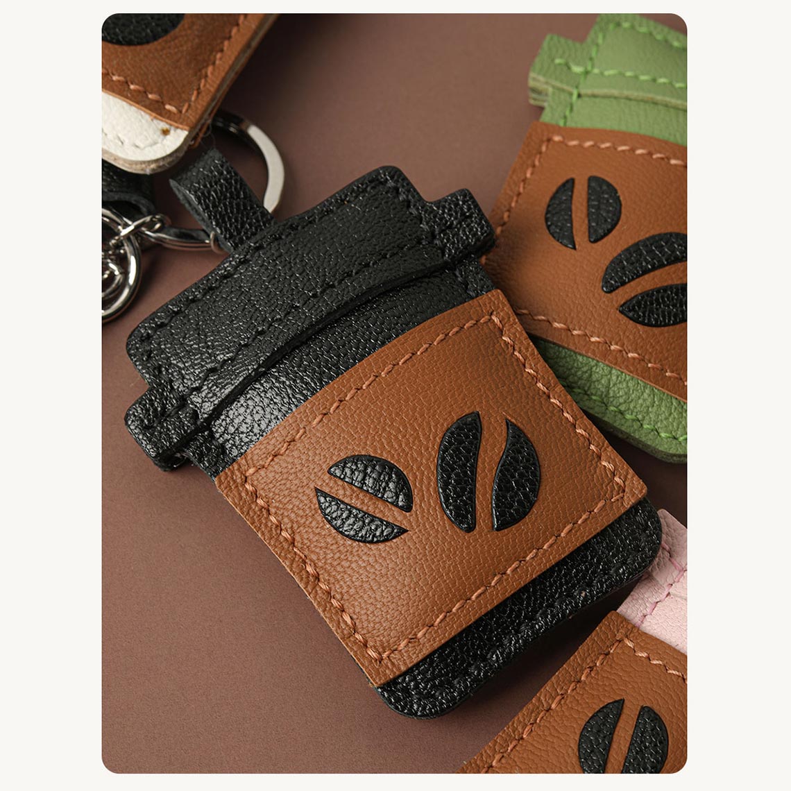 Coffee-Themed Sheepskin Leather Keychain DIY Kit – Hand Sewing Craft Kit detail image 3