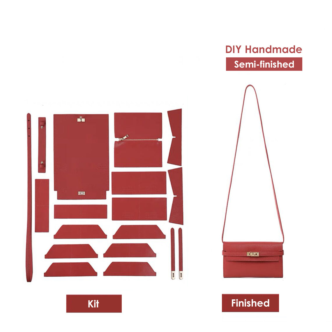 Top Handle Bag & Long Wallet DIY Leather Sewing Kit – Brown, Red, Grey product image 1