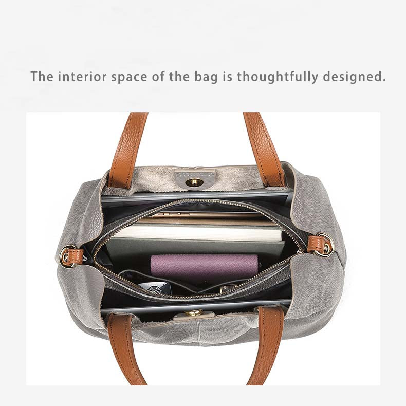 Premium Real Leather Contrast Tote - Large Capacity 2-in-1 Commuter Bag detail image 4