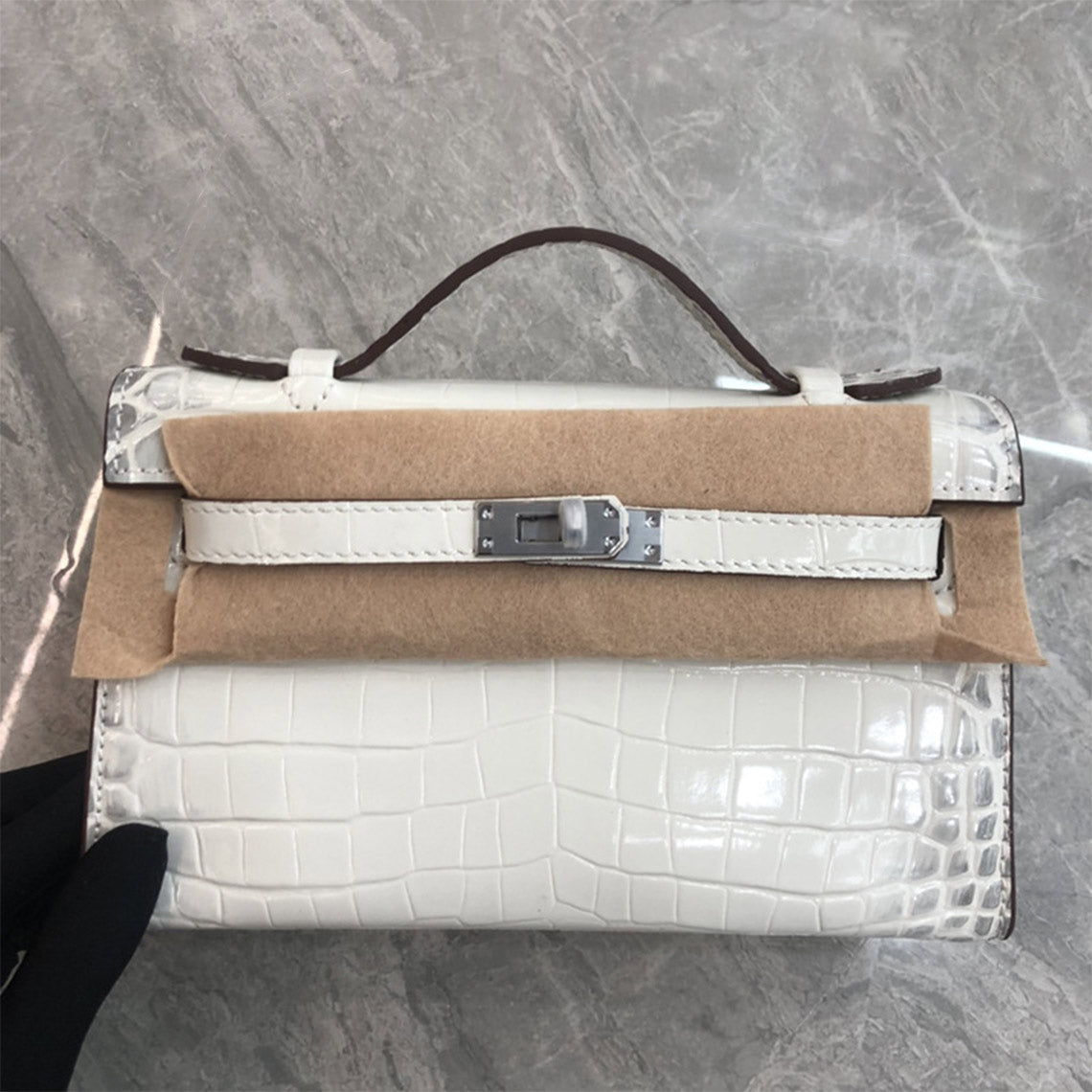 Crocodile Embossed Leather Top Handle Bag Clutch – Black, White, Red with Gold or Silver Hardware detail image 5