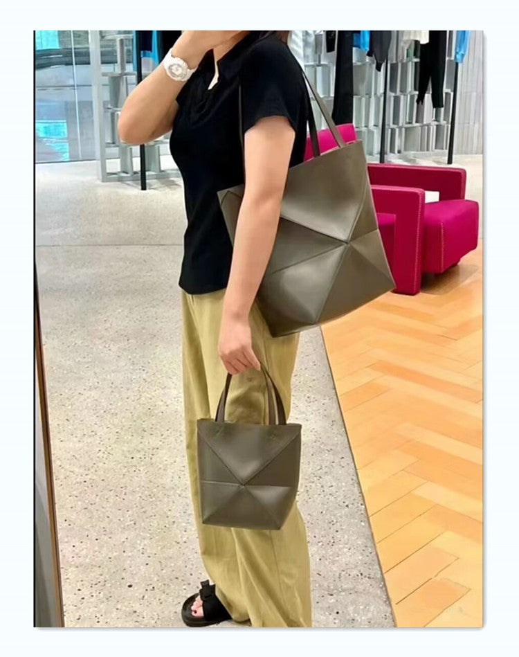 Top Grain Leather Puzzle Fold Tote Bag - Black, Brown, Army Green detail image 7