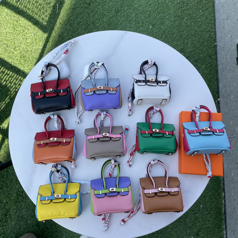 Mini Top Handle Bag Charm Keychain with Earphone Case, PU Leather, 8cm Wide, 25 Colors detail image 8