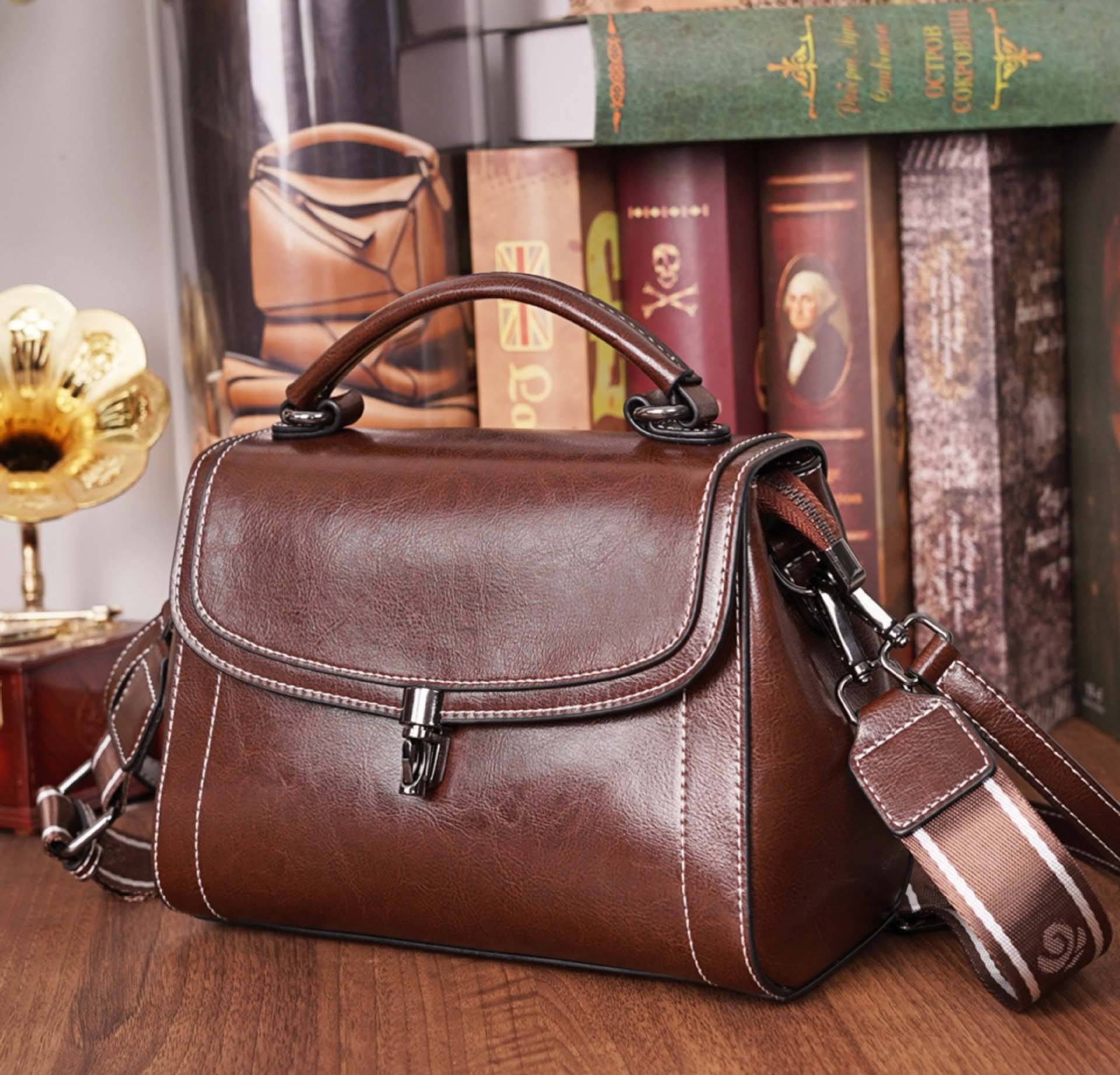 Genuine Leather Handbag - Top Grain Cowhide Square Bag detail image 6