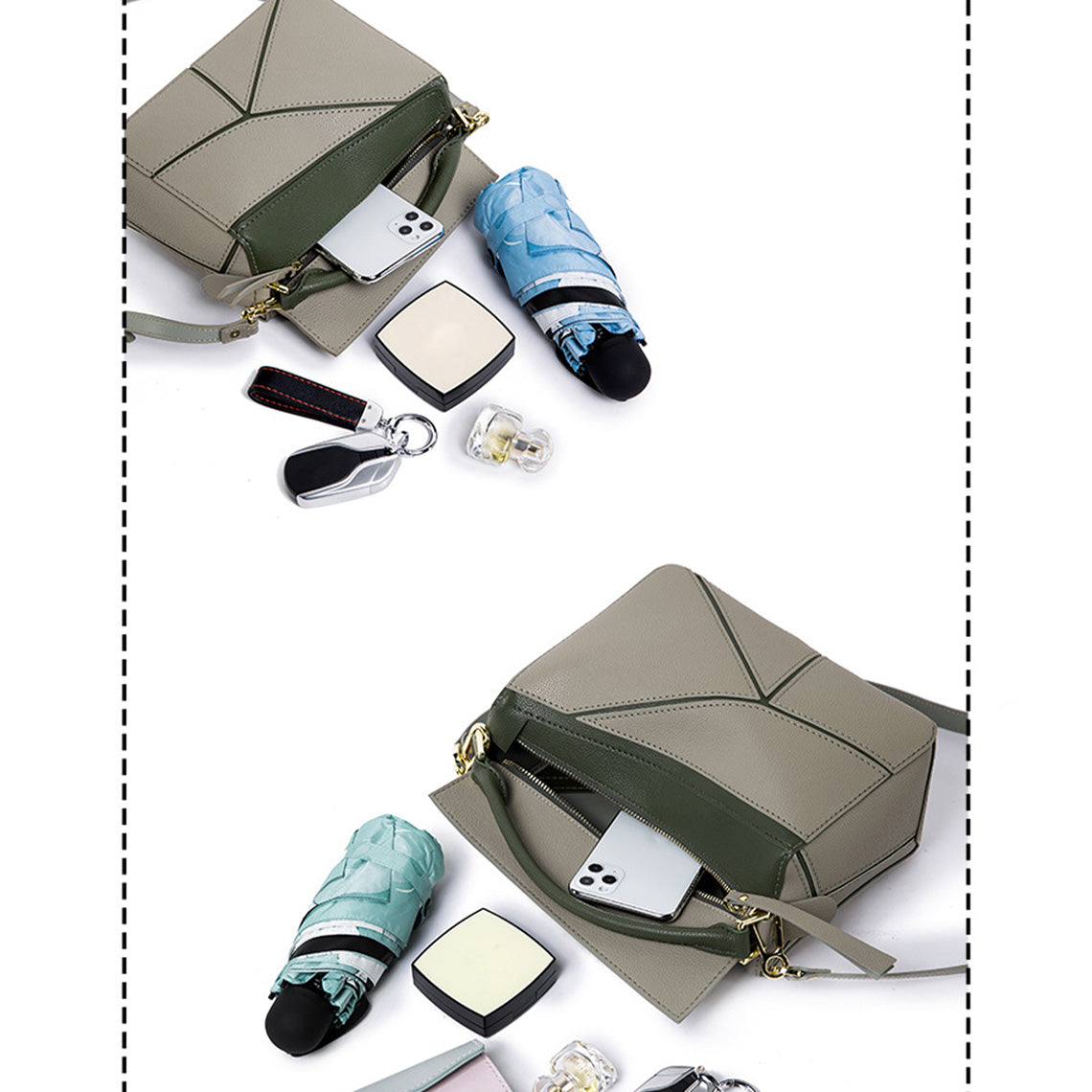 Handsewgift Leather Geometry Crossbody Bag DIY Kit - Green & Grey or Brown, Large detail image 4