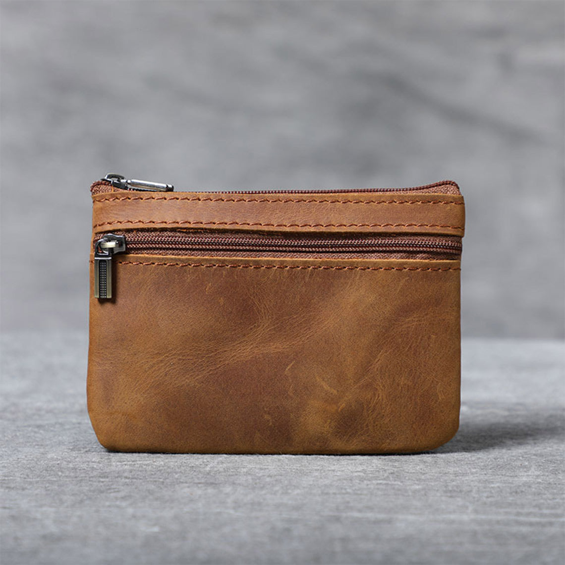 Crazy Horse Leather Small Zip Wallet with Two Zip Pockets detail image 6