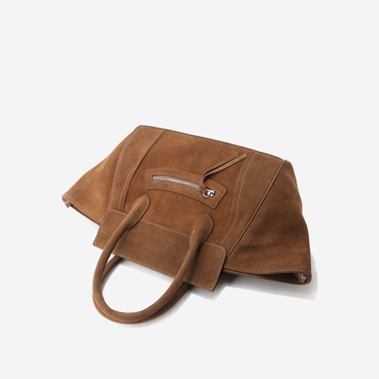 Large Suede Winged Handbag with Smile Zipper – Coffee, Brown, Dark Brown, Black, Wine Red detail image 15