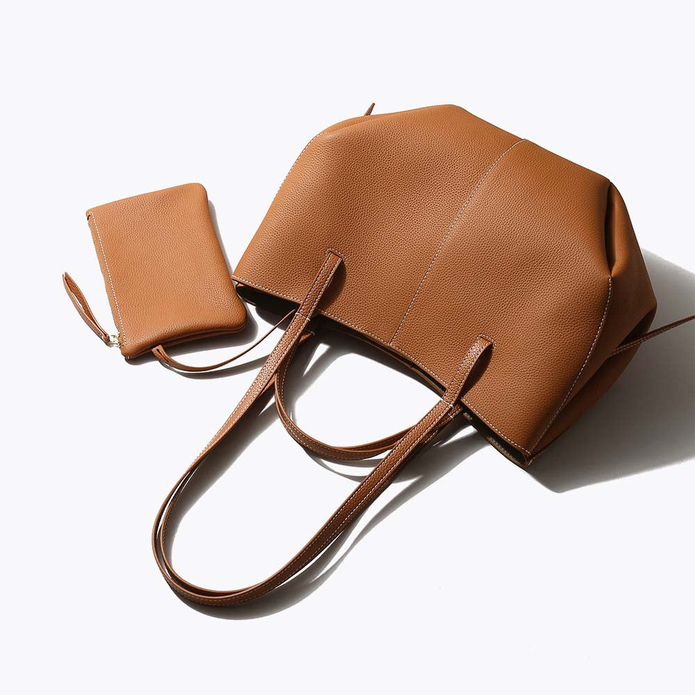 Genuine Leather Pleated Tote Bag with Matching Pouch – Large Capacity Handbag detail image 6