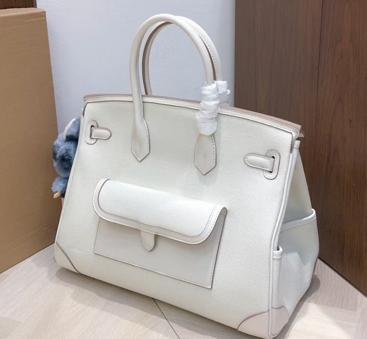 Cargo Top Handle Bag 35cm in Smooth Calfskin and Canvas detail image 16