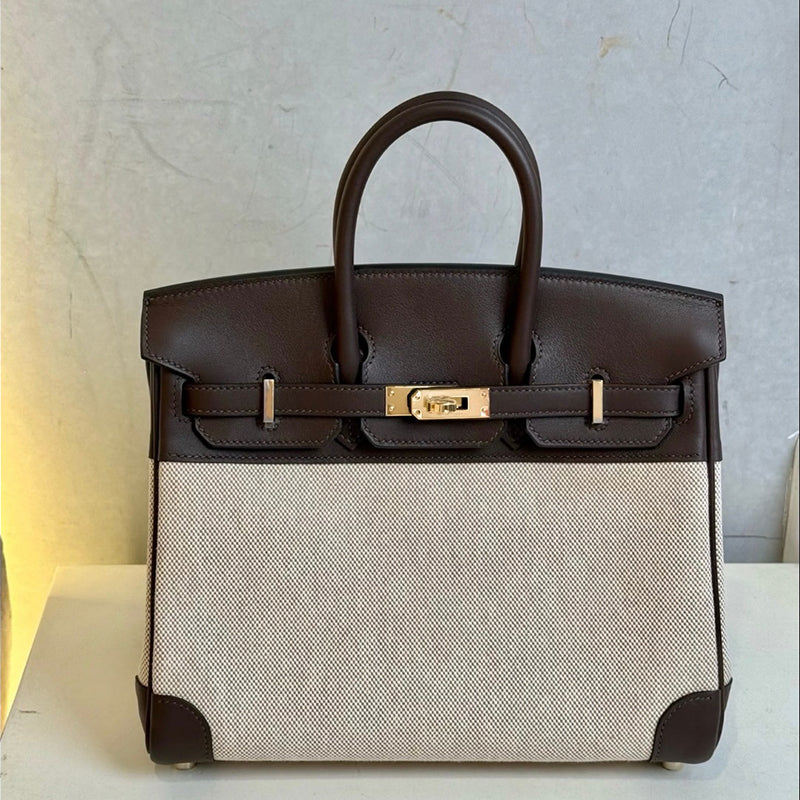 Top Handle Bag in Pebbled Grain Leather & Canvas with Gold-Tone Twist Lock detail image 12