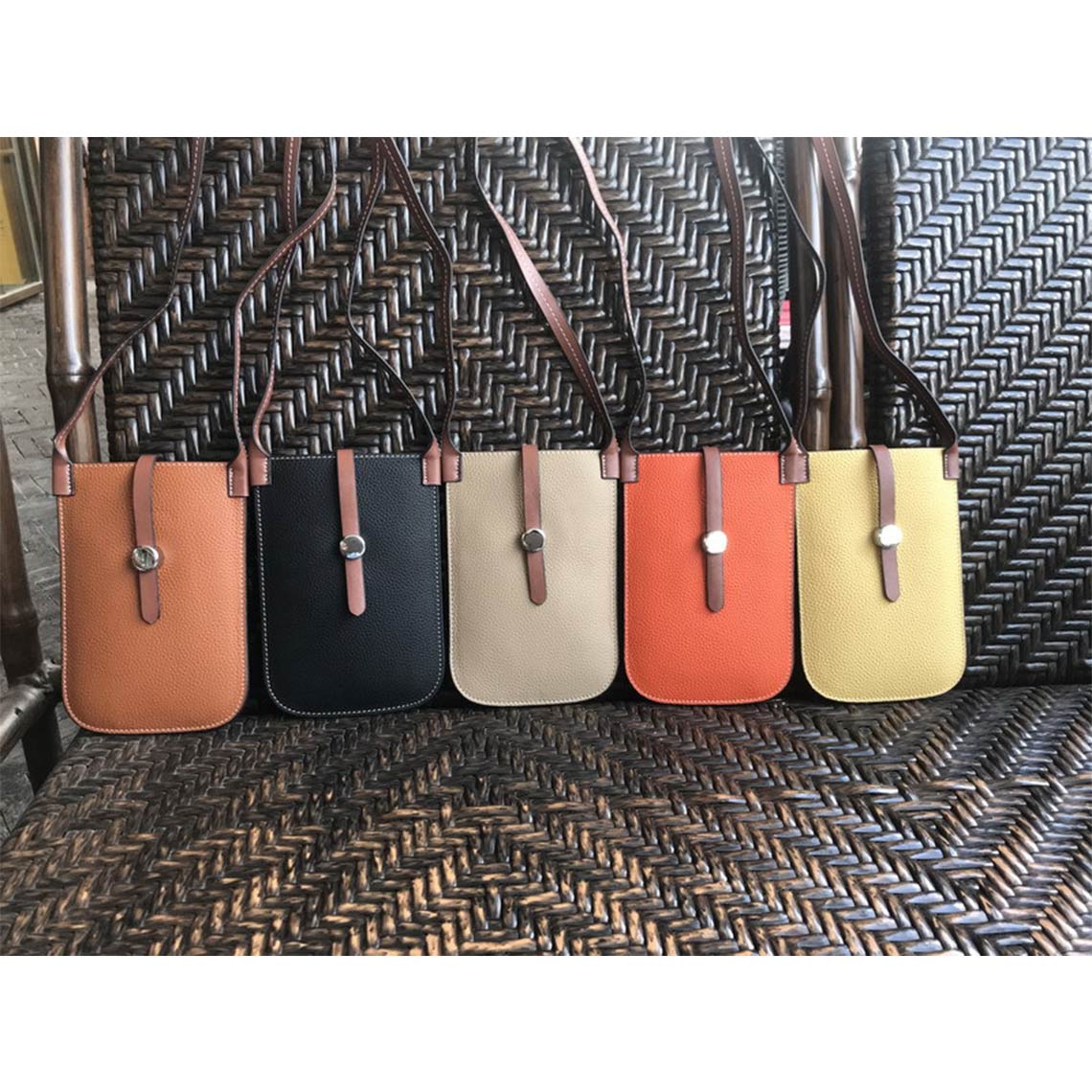Top Grain Leather Strap Phone Bag in Brown, Khaki, Black, Yellow, Orange detail image 9