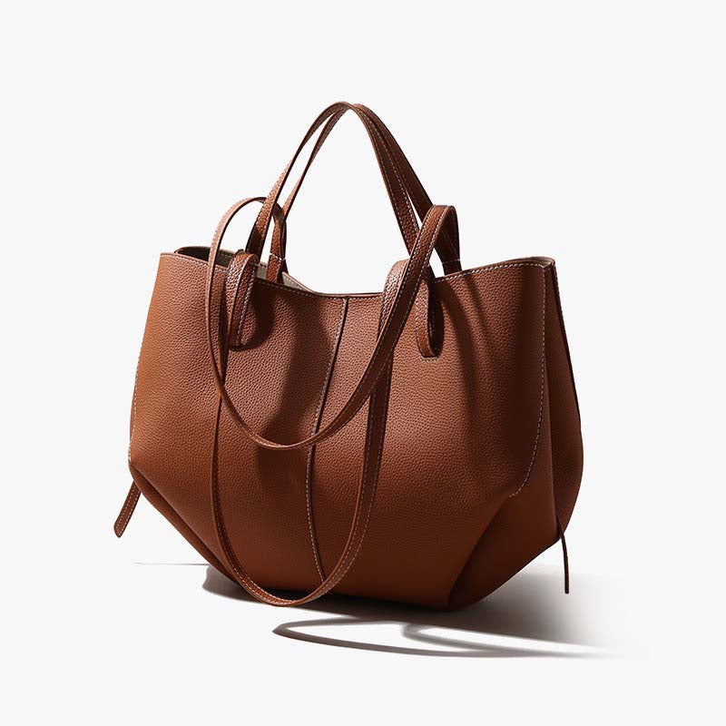 Genuine Leather Pleated Tote Bag with Matching Pouch – Large Capacity Handbag detail image 8
