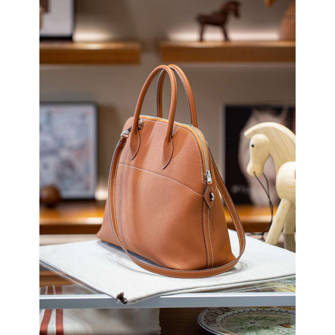 Top Grain Leather Boli Handbag in Blue, Black, Taupe, Gold Brown detail image 13