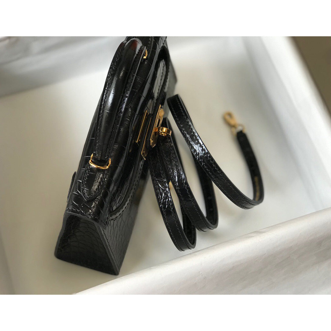 Croc Embossed Leather Mini Top Handle Bag with Detachable Strap detail image 12