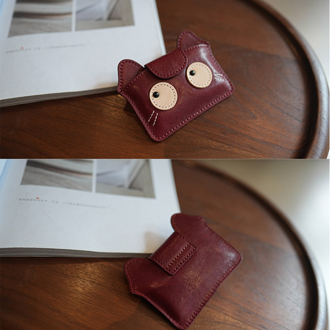 Small Vegetable Tanned Leather Cat Purse with Snap Closure detail image 4