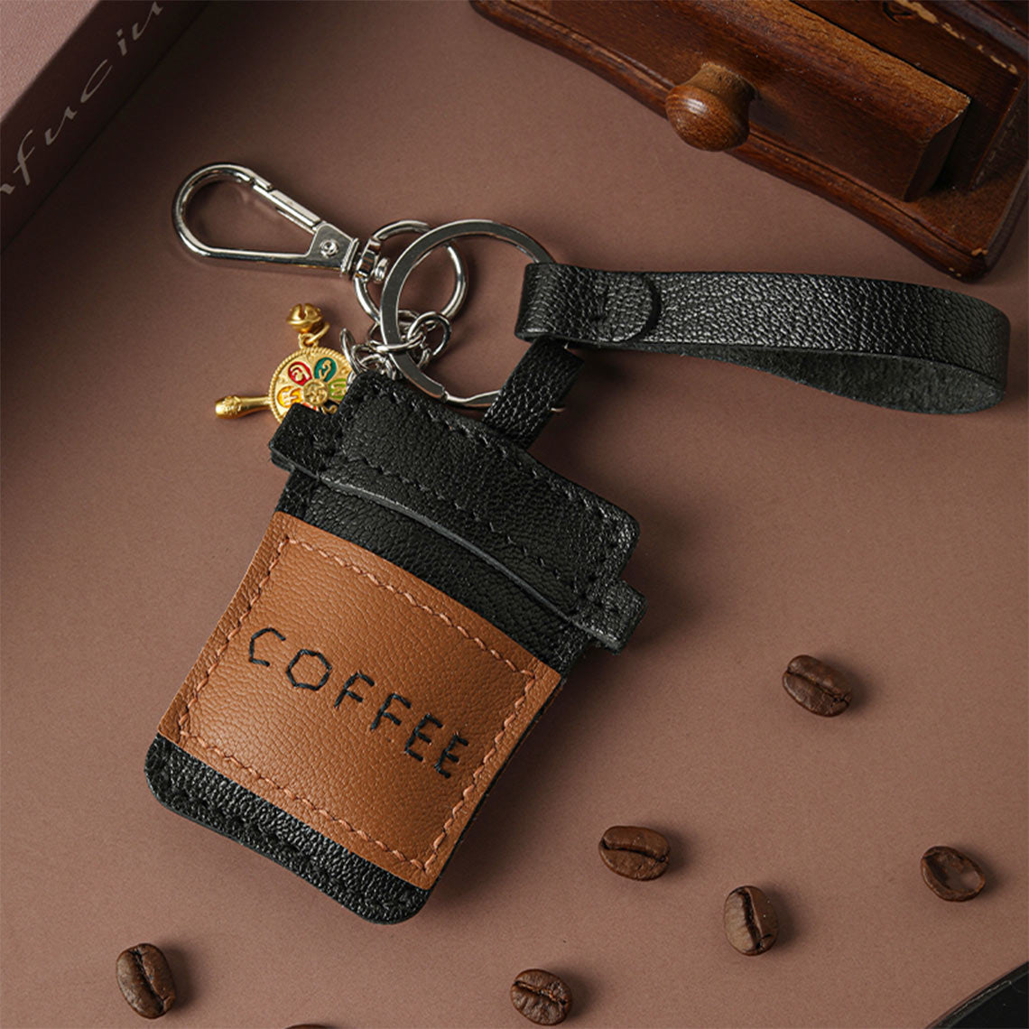 Coffee-Themed Sheepskin Leather Keychain DIY Kit – Hand Sewing Craft Kit detail image 2