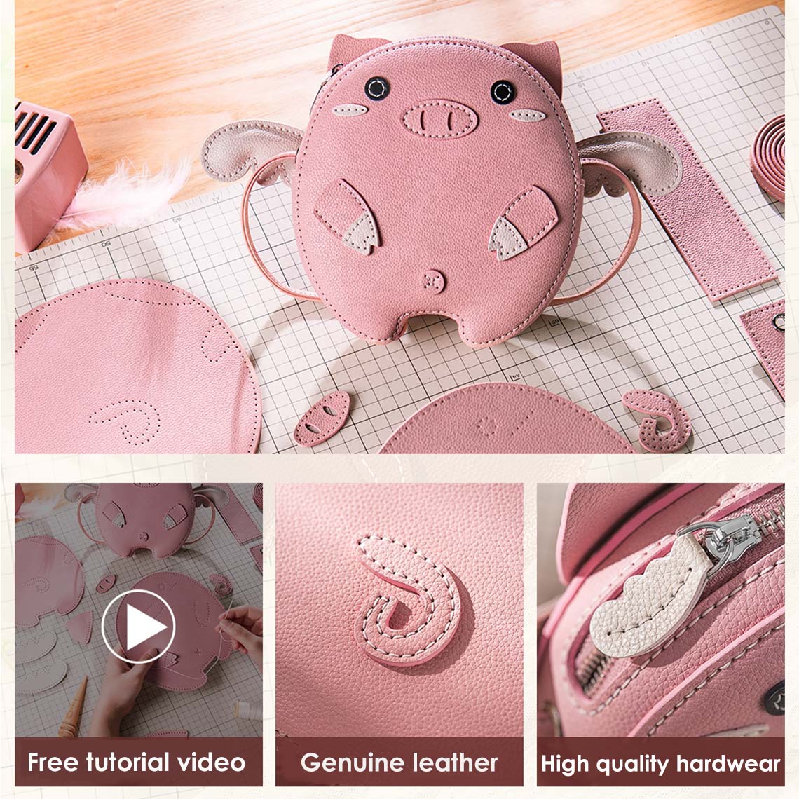 Handsew Gift Leather DIY Kit – Flying Pig Crossbody Bag (Pink/White, Big/Small) detail image 4