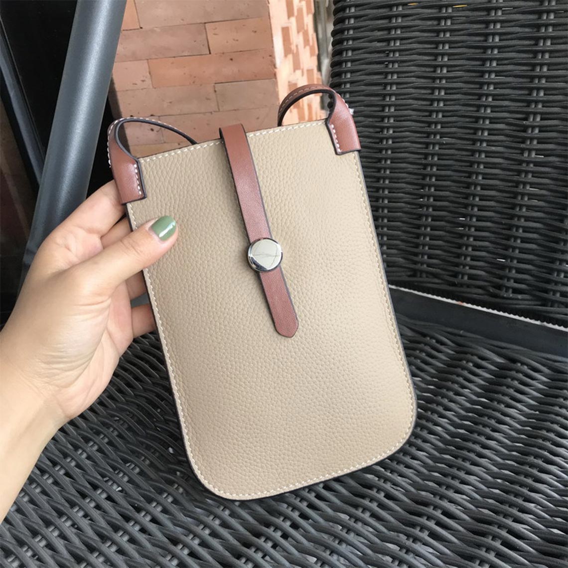 Top Grain Leather Strap Phone Bag in Brown, Khaki, Black, Yellow, Orange detail image 6