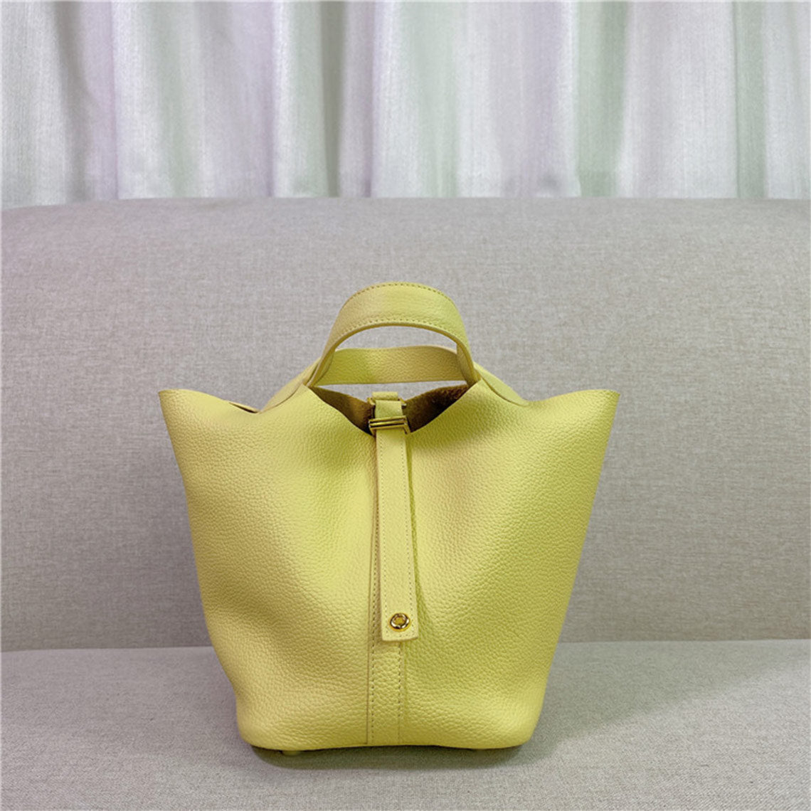 Top Grain Leather Bucket Bag with Lock Design - Small, Multiple Colors & Hardware Options detail image 11