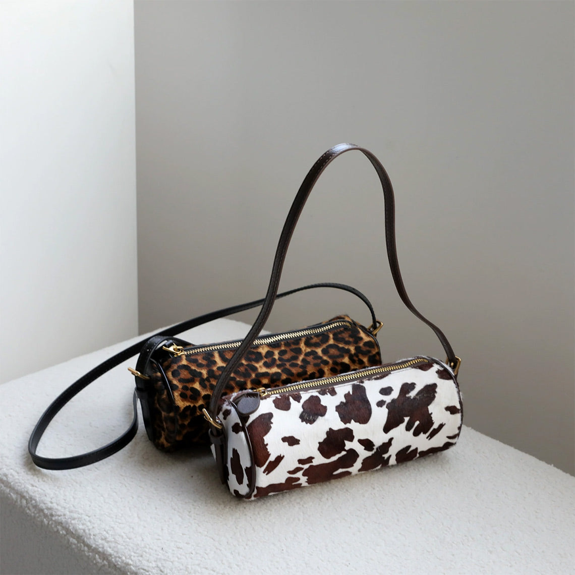 Cylinder Leather Bag with Horse Fur Trim – Cow or Leopard Pattern detail image 1