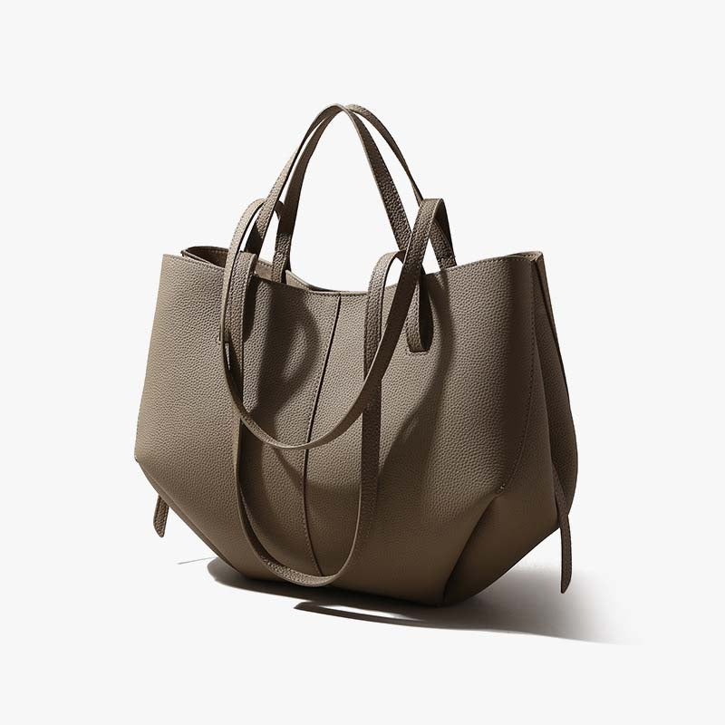 Genuine Leather Pleated Tote Bag with Matching Pouch – Large Capacity Handbag detail image 7