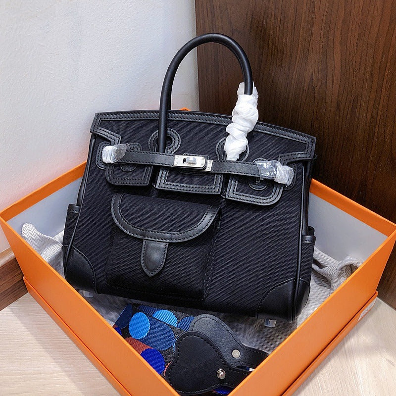 Cargo Top Handle Bag in Smooth Calfskin and Canvas - 25cm and 30cm detail image 8