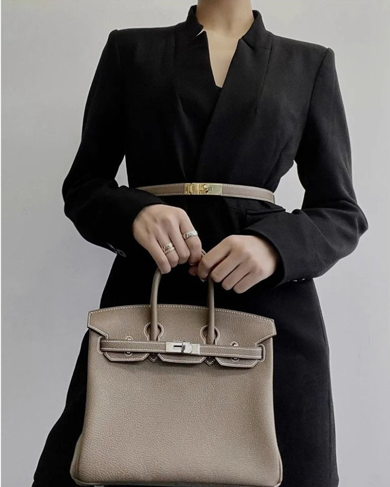 Top Handle Bag Belt in Fine Embossed Grain Leather with Golden Hardware detail image 1