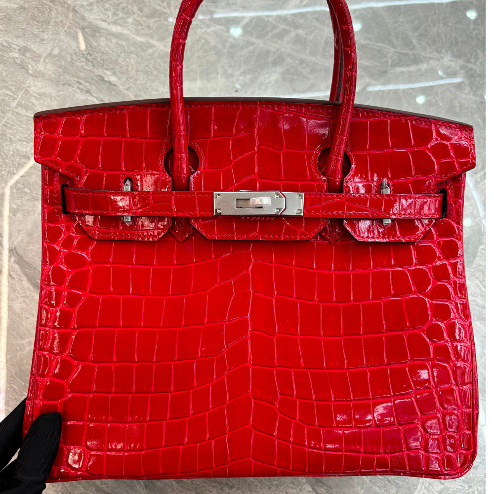 Crocodile Pattern Glossy Leather Handbag with Detachable Strap detail image 9