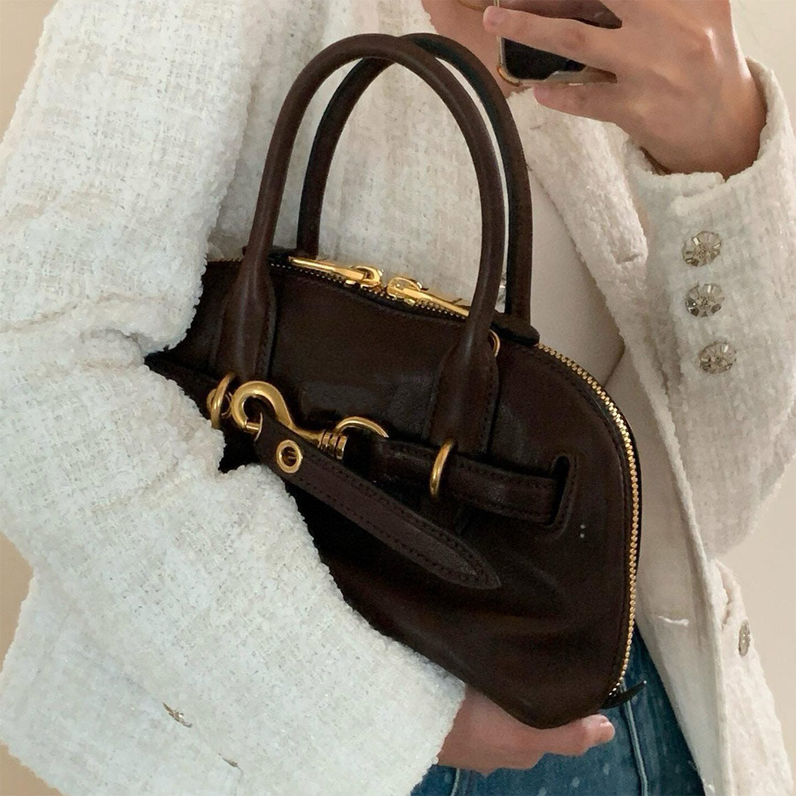 Leather Retro Bowling Top Handle Bag in Black, Saddle Brown, Coffee Brown detail image 5