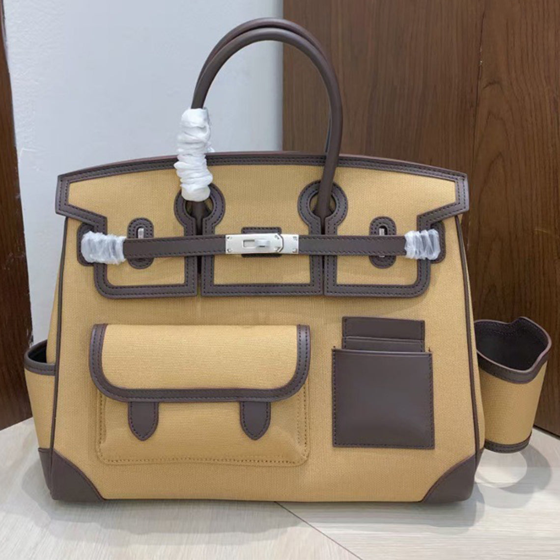 Cargo Top Handle Bag 35cm in Smooth Calfskin and Canvas detail image 10