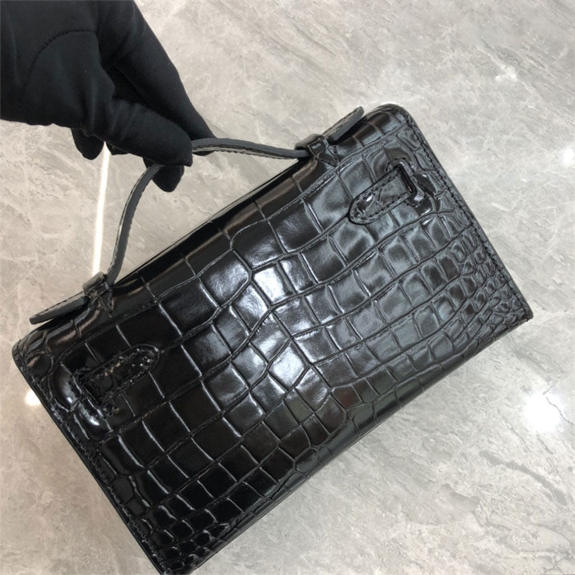 Crocodile Embossed Leather Top Handle Bag Clutch – Black, White, Red with Gold or Silver Hardware detail image 8