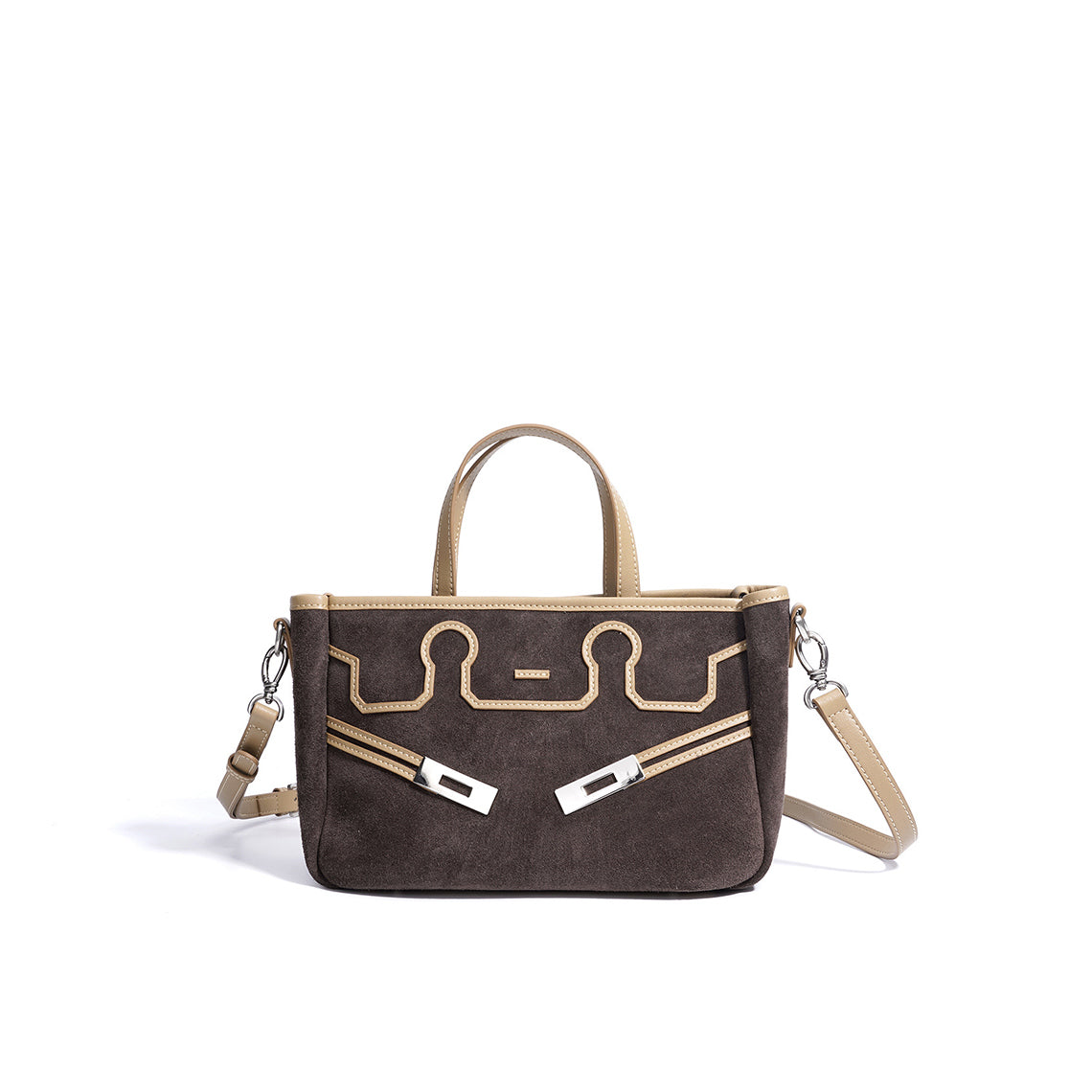 Suede Leather Heritage Tote Bag in Brown, Beige, and Dark Brown detail image 5
