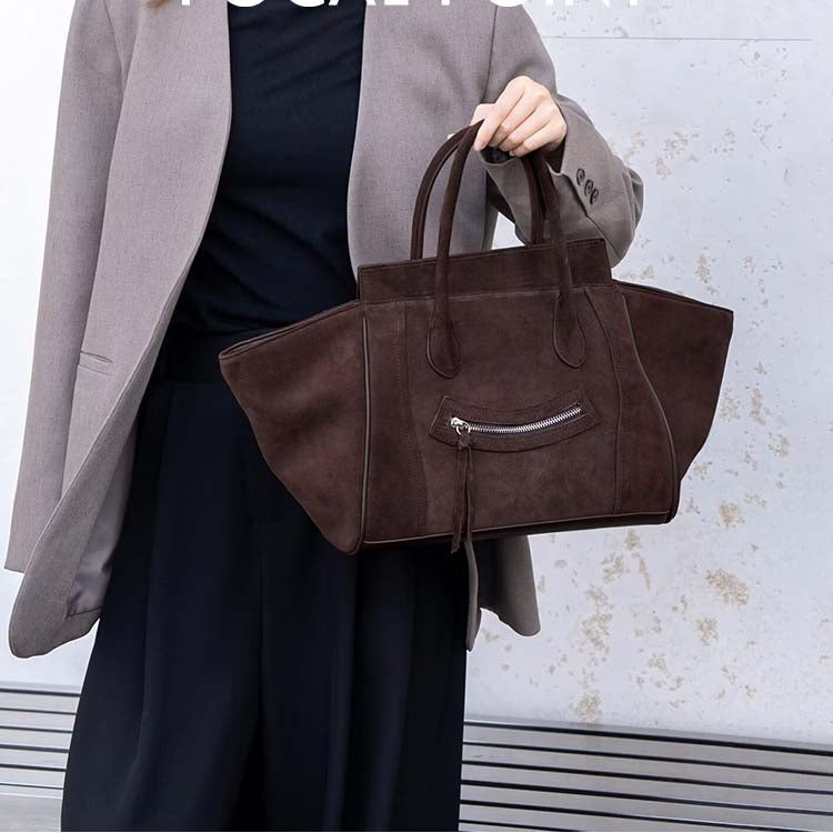 Large Suede Winged Handbag with Smile Zipper – Coffee, Brown, Dark Brown, Black, Wine Red detail image 3