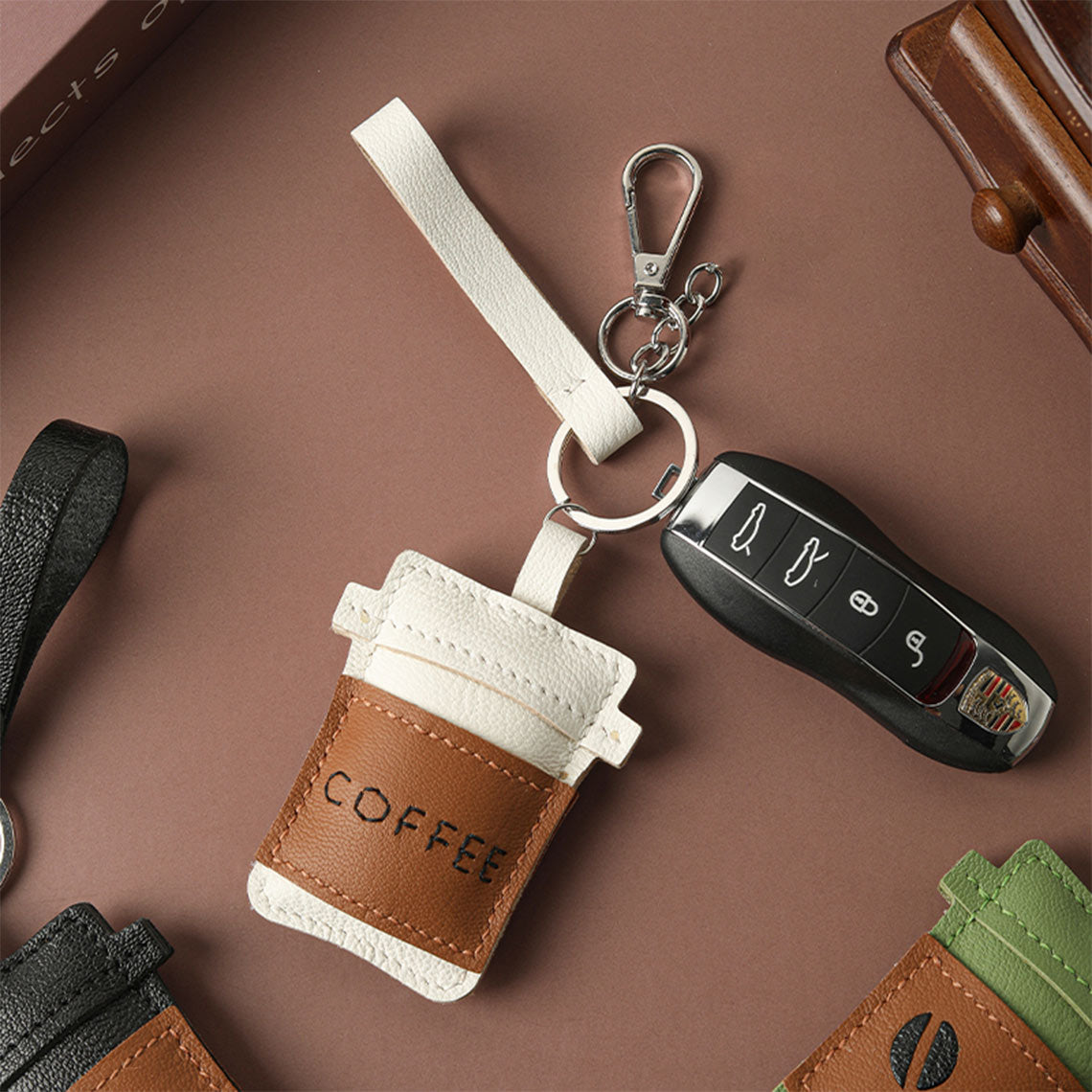 Coffee-Themed Sheepskin Leather Keychain DIY Kit – Hand Sewing Craft Kit detail image 5