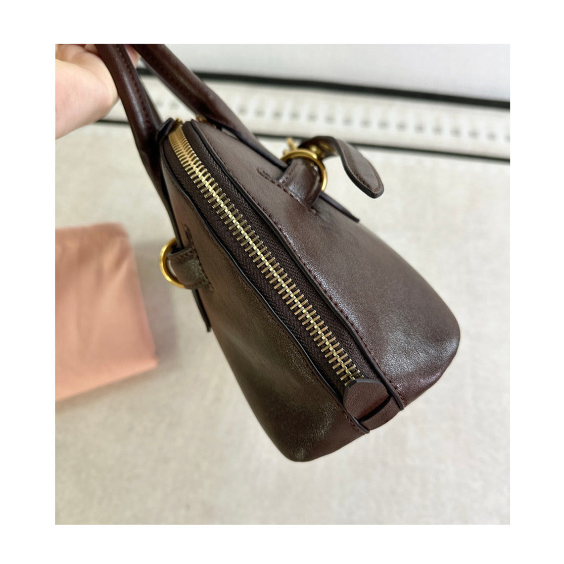 Leather Retro Bowling Top Handle Bag in Black, Saddle Brown, Coffee Brown detail image 8