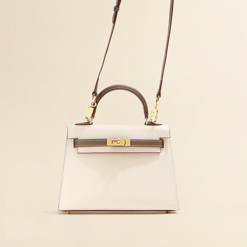 Bi-Color Cowhide Top Handle Bag with Gold-Tone Lock – Coffee / Mlik Tea, 22cm & 25cm detail image 6