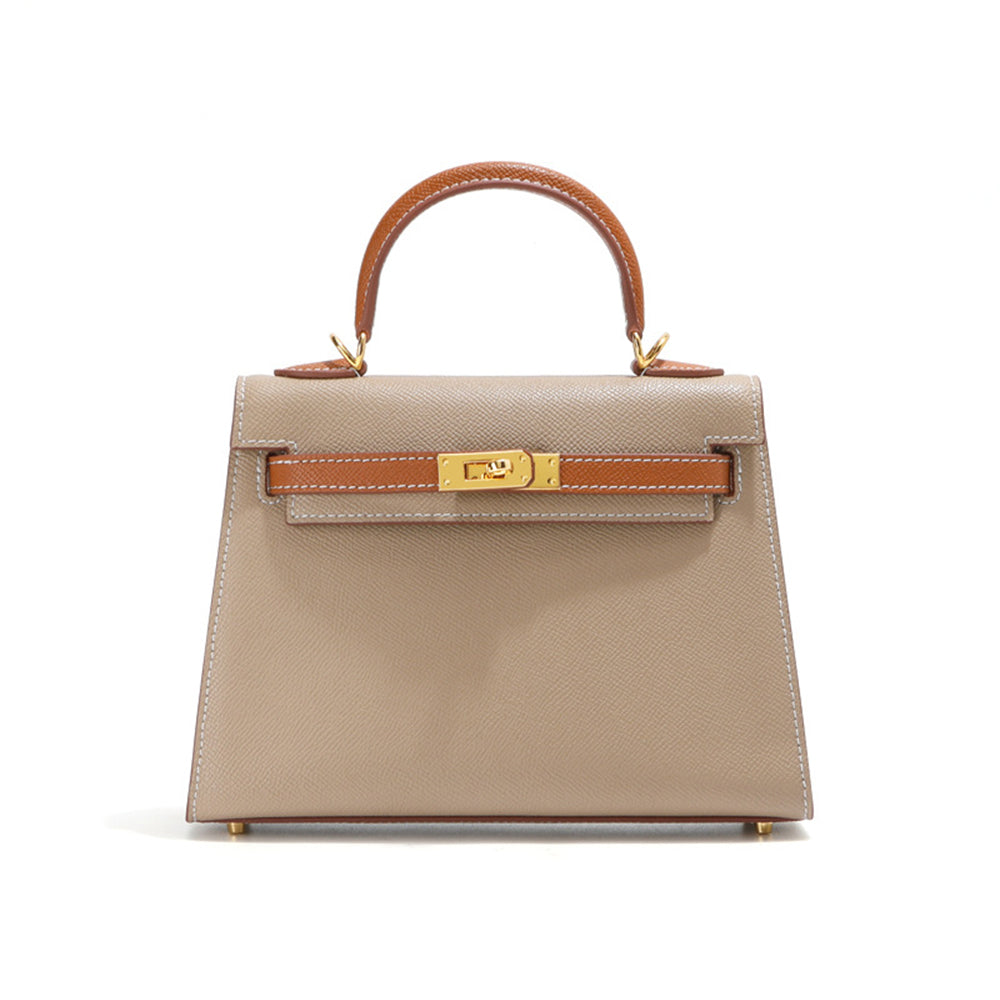 Bi-Color Cowhide Top Handle Bag with Gold-Tone Lock – Coffee / Mlik Tea, 22cm & 25cm product image 1