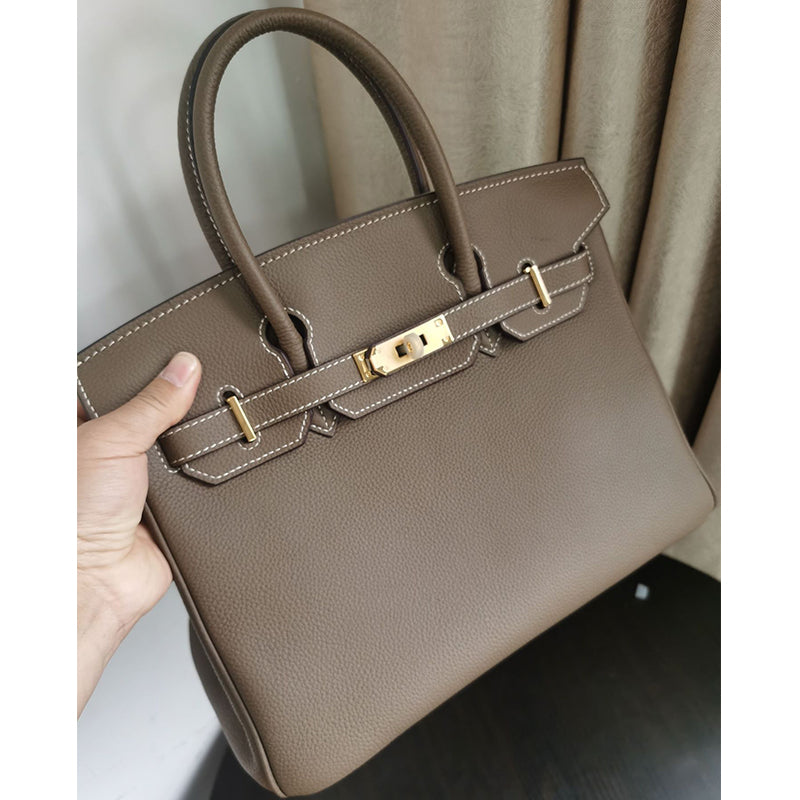 Top Grain Leather Top Handle Bag with Gold Hardware and Lock & Key detail image 8
