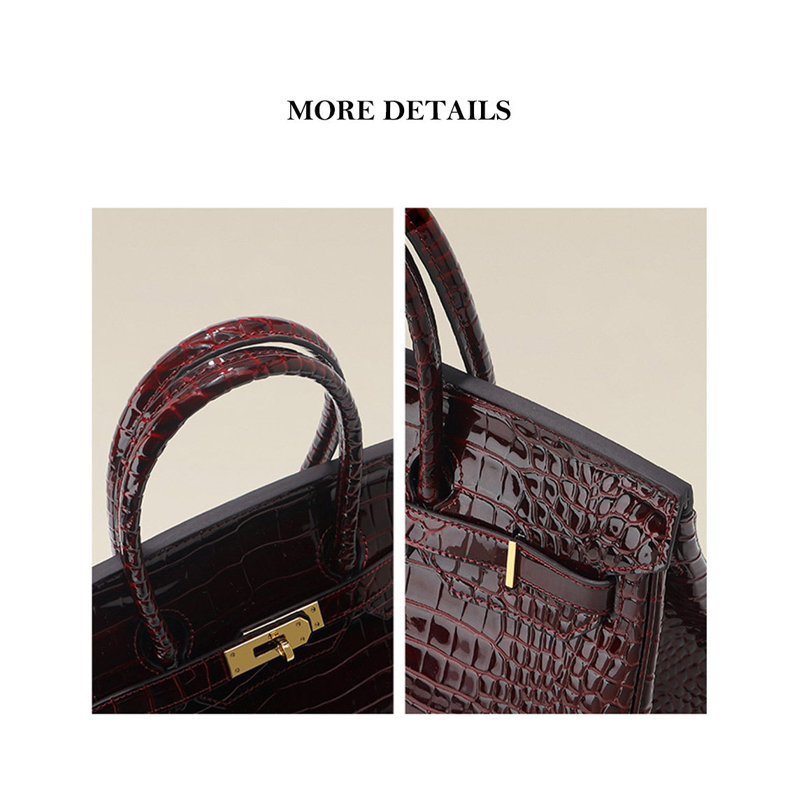 Crocodile Embossed Leather Handbag – Black and Rouge detail image 9