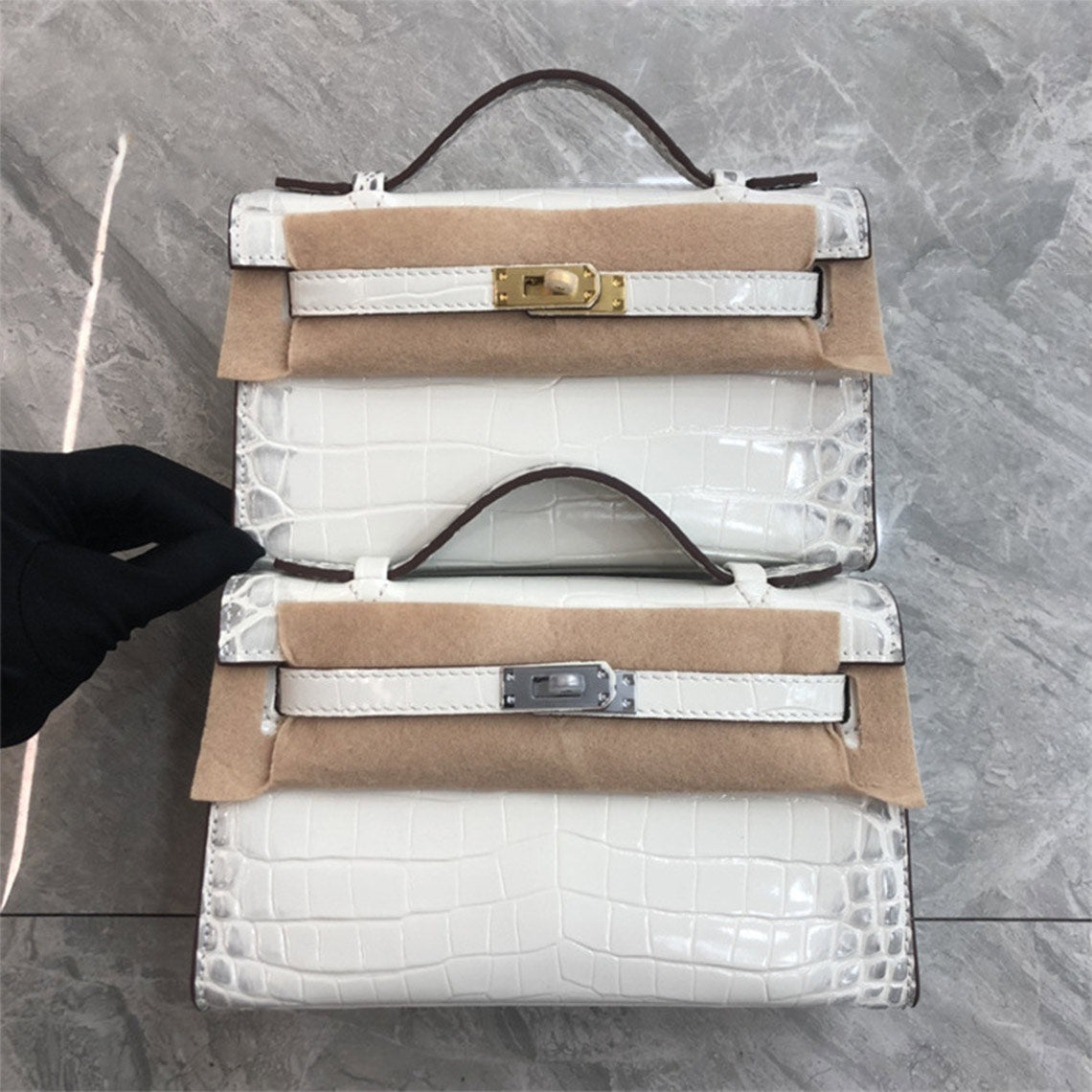Crocodile Embossed Leather Top Handle Bag Clutch – Black, White, Red with Gold or Silver Hardware detail image 11